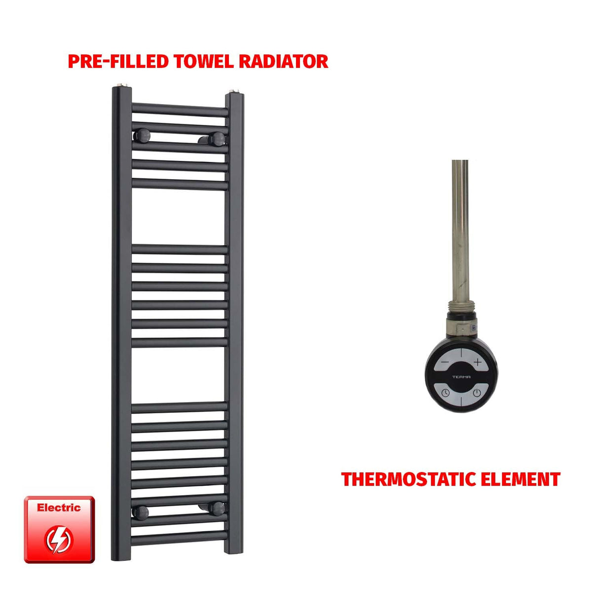 800mm High 300mm Wide Flat Black Pre-Filled Electric Heated Towel Radiator HTR MOA Thermostatic No Timer