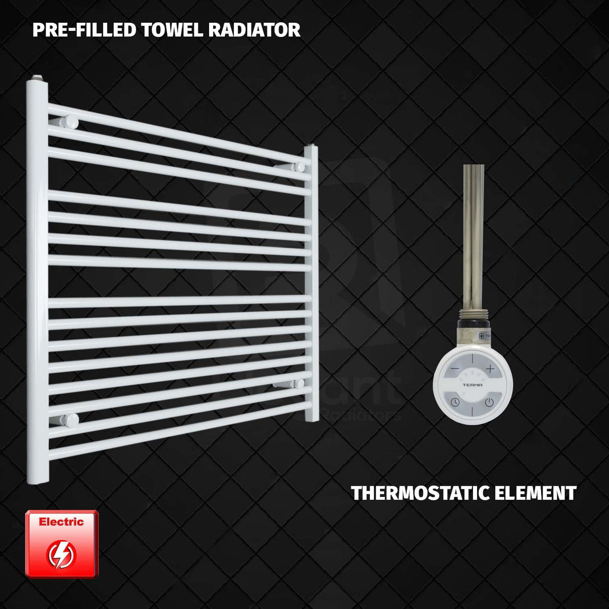 800 mm High 1100 mm Wide Pre-Filled Electric Heated Towel Rail Radiator White HTR MOA Thermostatic element no timer