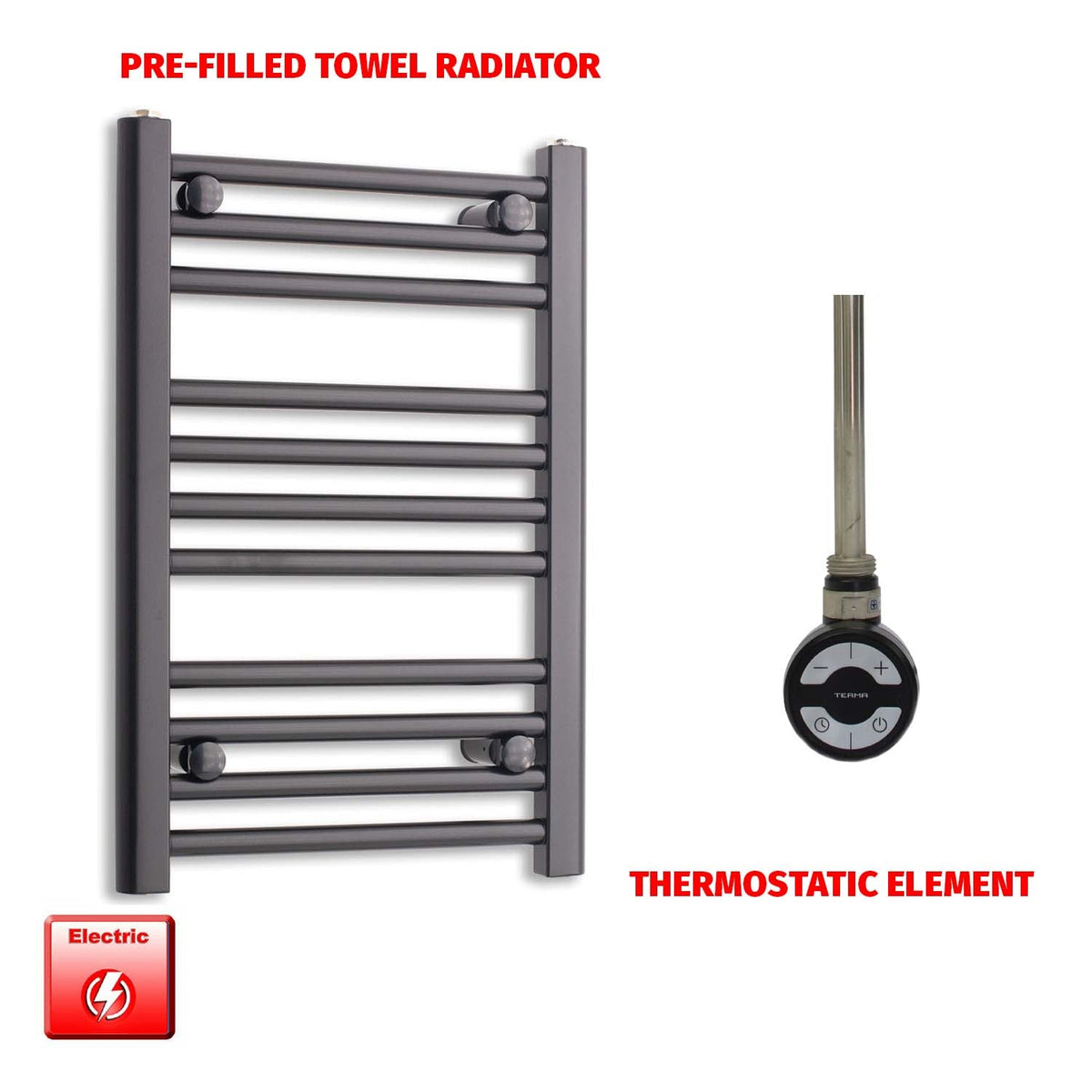 800 x 450 Flat Black Pre-Filled Electric Heated Towel Radiator HTR MOA Thermostatic No Timer