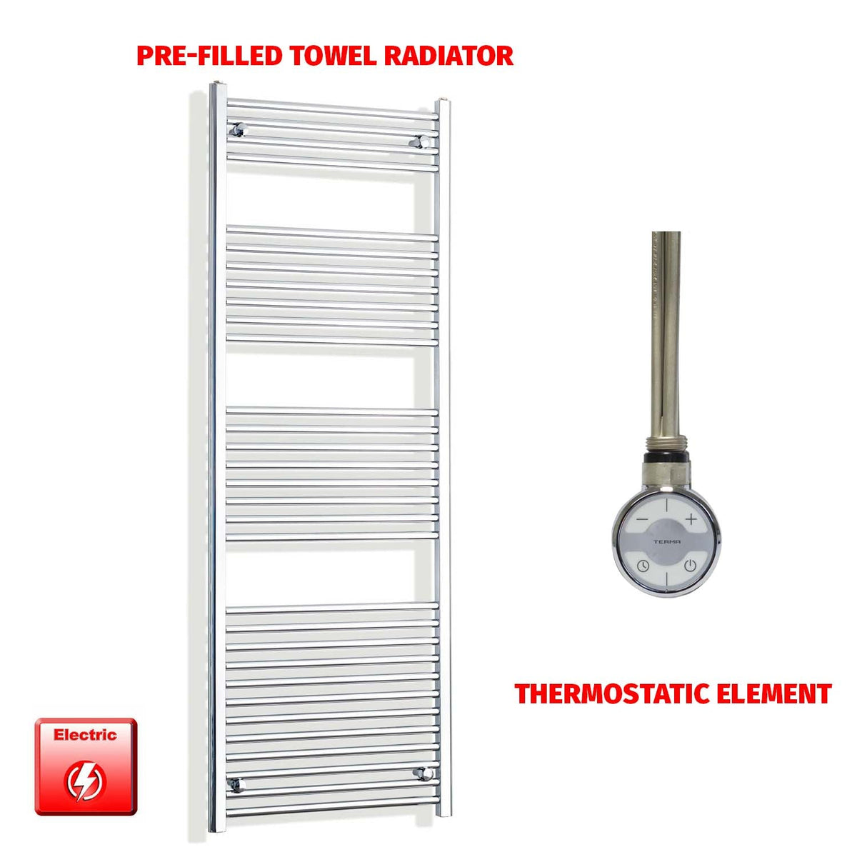 1800mm High 550mm Wide Electric Heated Towel Radiator Straight Chrome MOA Thermostatic element no timer