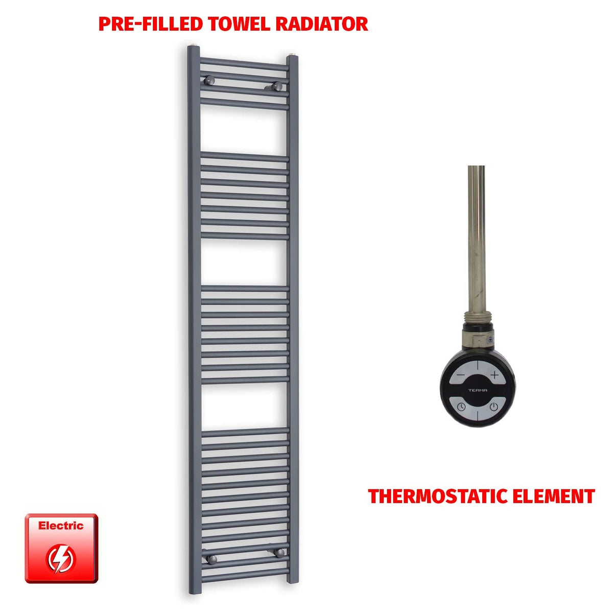 1800mm High 400mm Wide Flat Anthracite Pre-Filled Electric Towel Rail Radiator HTR MOA Thermostatic element no timer