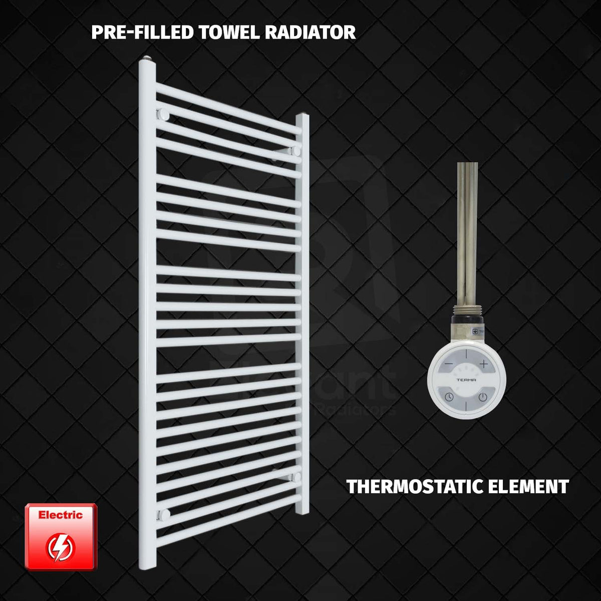 1200 mm High 700 mm Wide Pre-Filled Electric Heated Towel Rail Radiator White HTR MOA element no timer