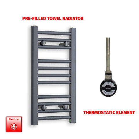 600 x 300 Flat Anthracite Pre-Filled Electric Heated Towel Radiator HTR MOA Thermostatic element no timer