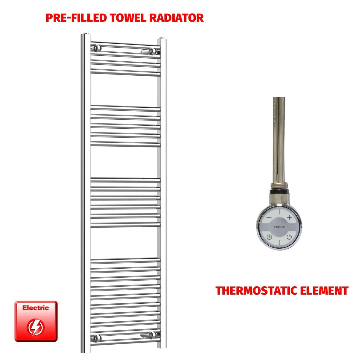 1400mm High 450mm Wide Pre-Filled Electric Heated Towel Radiator Straight Chrome MOA Thermostatic element no timer