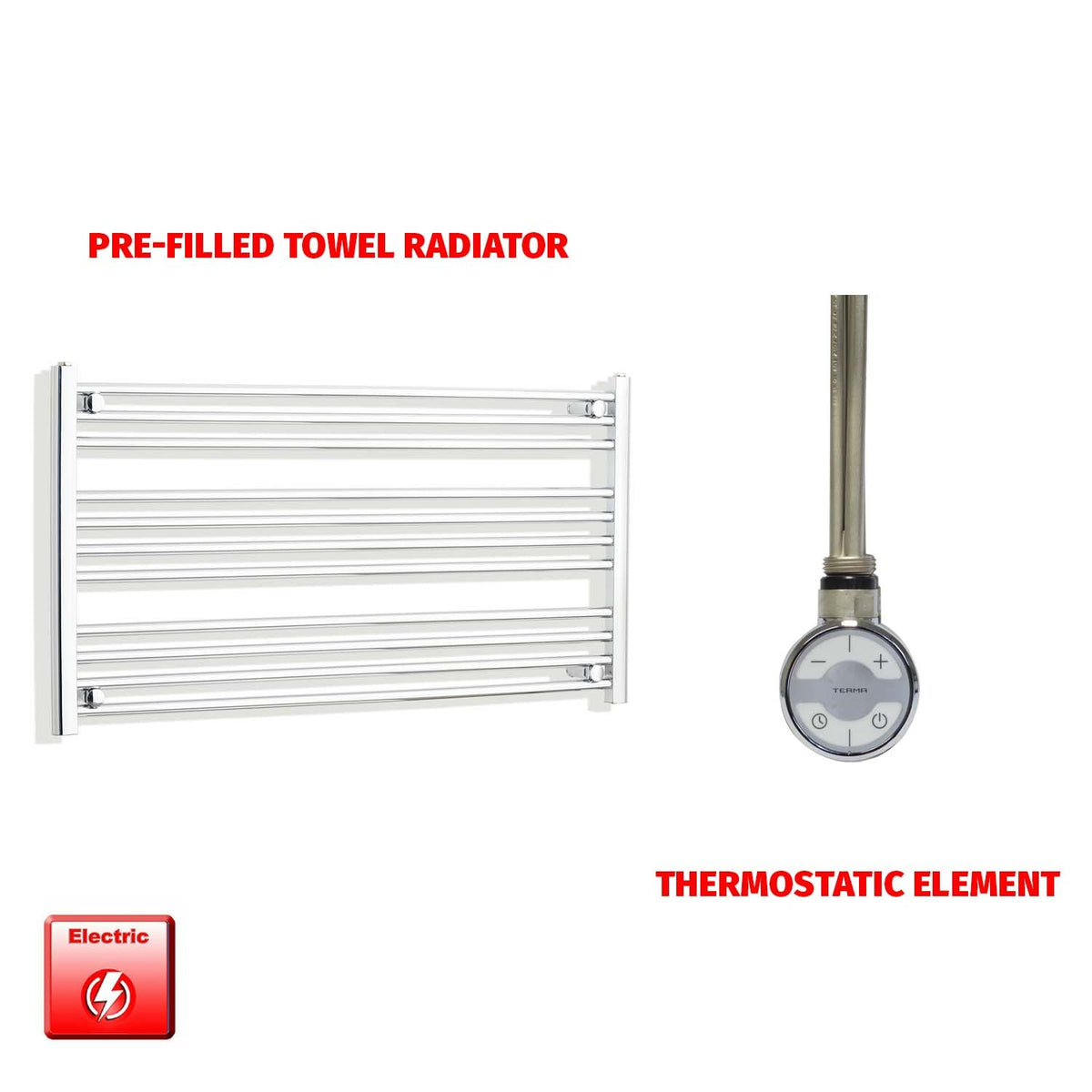 600mm High 1300mm Wide Pre-Filled Electric Heated Towel Radiator Straight Chrome MOA Thermostatic element no timer