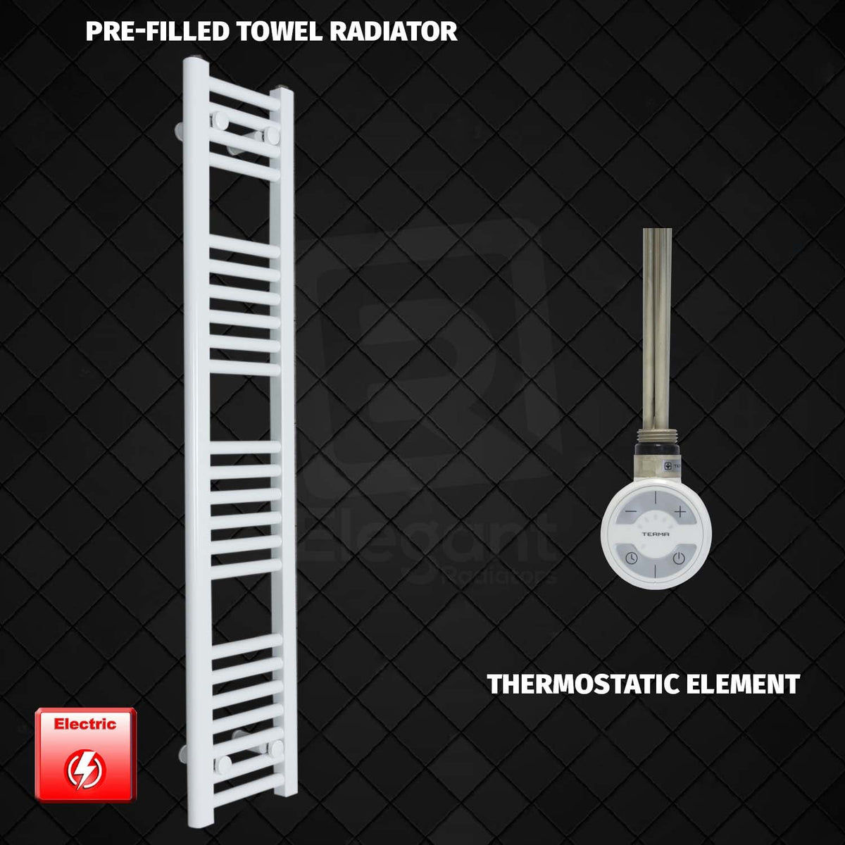 1200 mm High 200 mm Wide Pre-Filled Electric Heated Towel Rail Radiator White HTR Thermostatic Element MOA