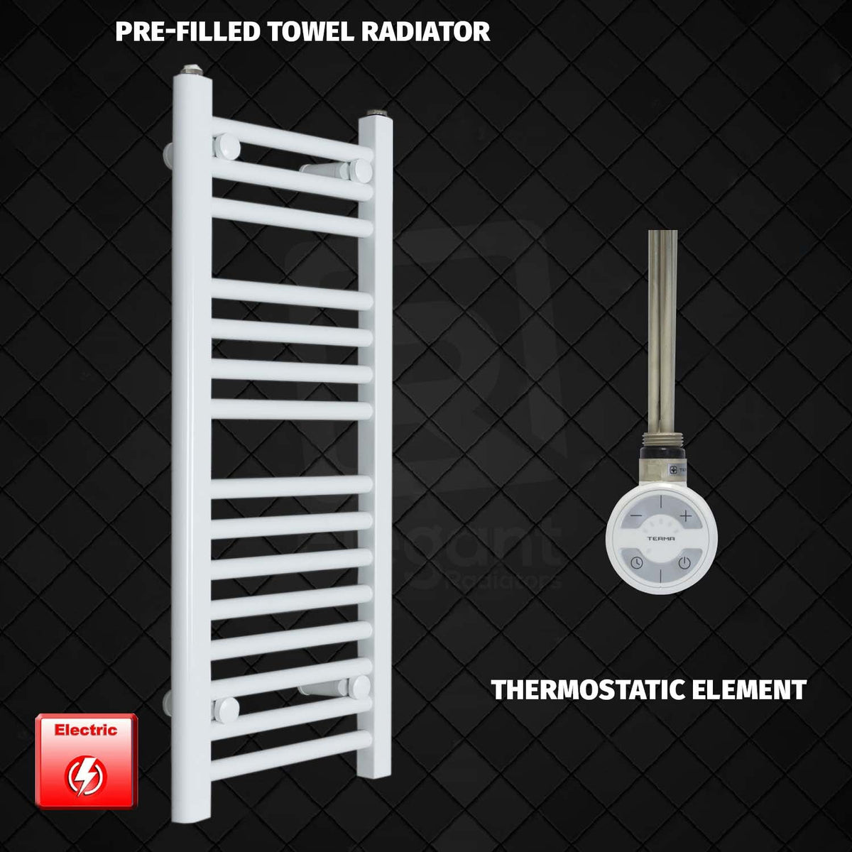 800 x 300 Pre-Filled Electric Heated Towel Rail Radiator White Thermostatic Element
