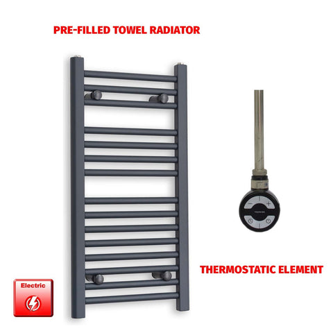 800mm High 500mm Wide Flat Anthracite Pre-Filled Electric Heated Towel Radiator HTR MOA Thermostatic element no timer