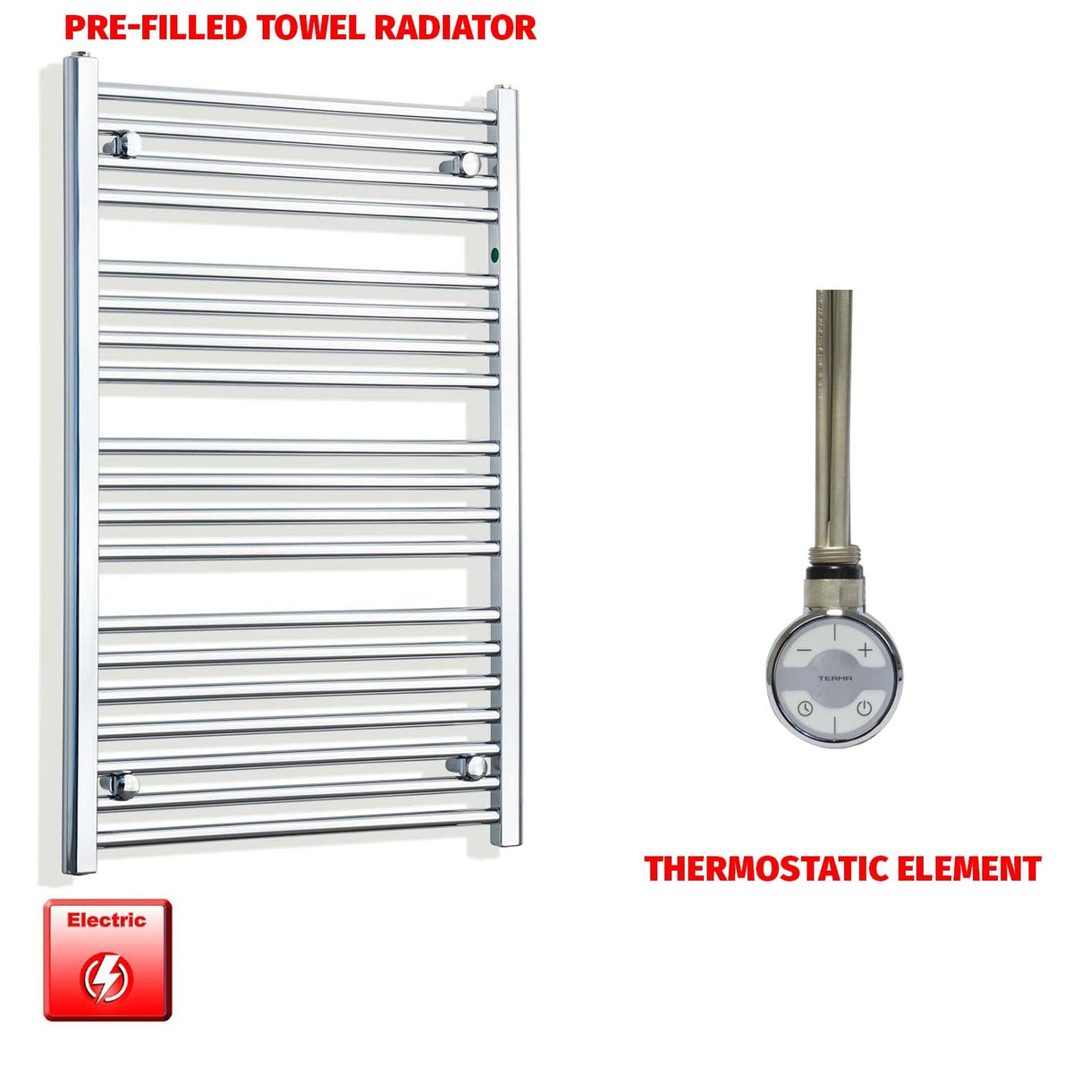 1000mm High 550mm Wide Pre-Filled Electric Heated Towel Radiator Chrome HTR MOA Thermostatic element no timer