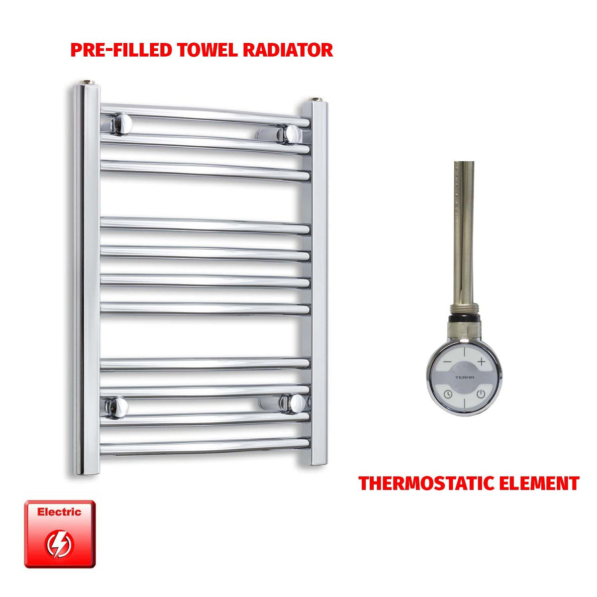 600mm High 400mm Wide Pre-Filled Electric Heated Towel Radiator Straight Chrome MOA Thermostatic element no timer