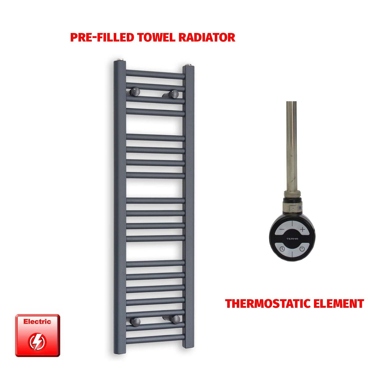 1000mm High 300mm Wide Flat Anthracite Pre-Filled Electric Heated Towel Rail Radiator HTR MOA Thermostatic element no timer