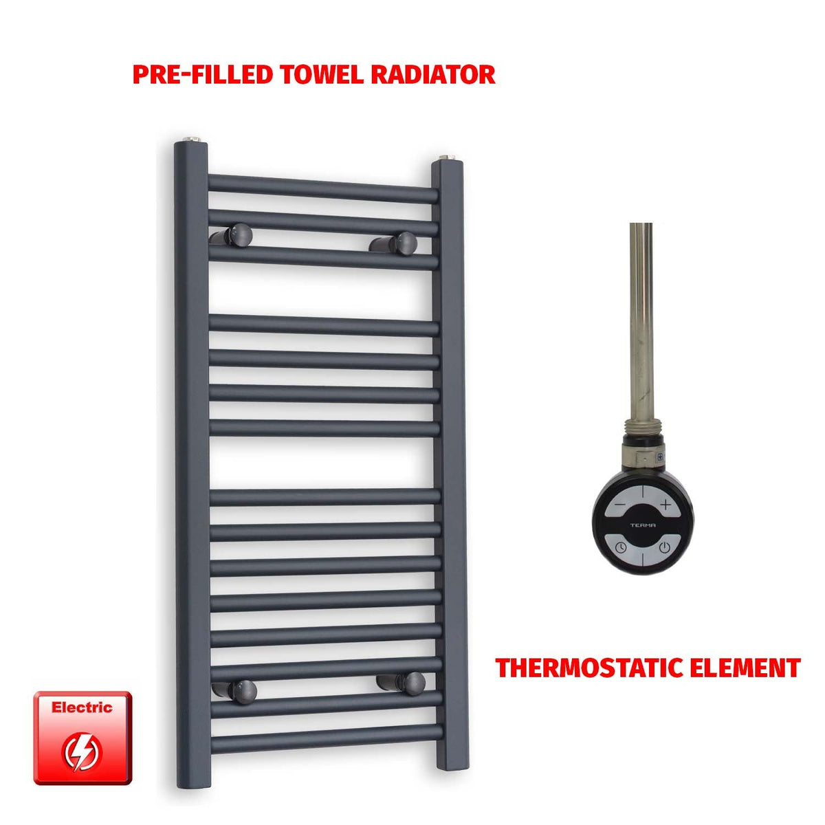 800mm High 400mm Wide Flat Anthracite Pre-Filled Electric Heated Towel Radiator HTR MOA Thermostatic element no timer