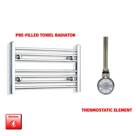 400 x 600 Pre-Filled Electric Heated Towel Radiator Straight or Curved Chrome MOA Thermostatic element no timer