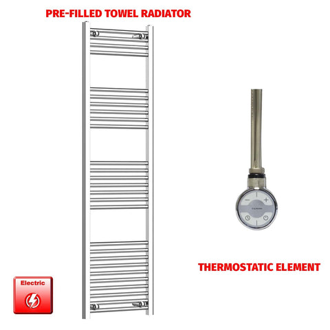 1600 x 450 Pre-Filled Electric Heated Towel Radiator Straight Chrome MOA Thermostatic element no timer