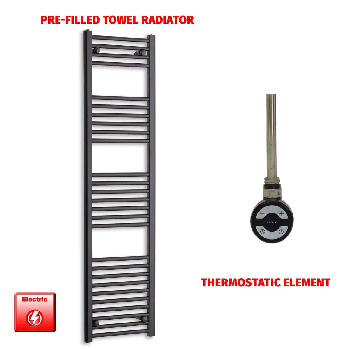 1600 x 400 Flat Black Pre-Filled Electric Heated Towel Radiator HTR MOA Thermostatic