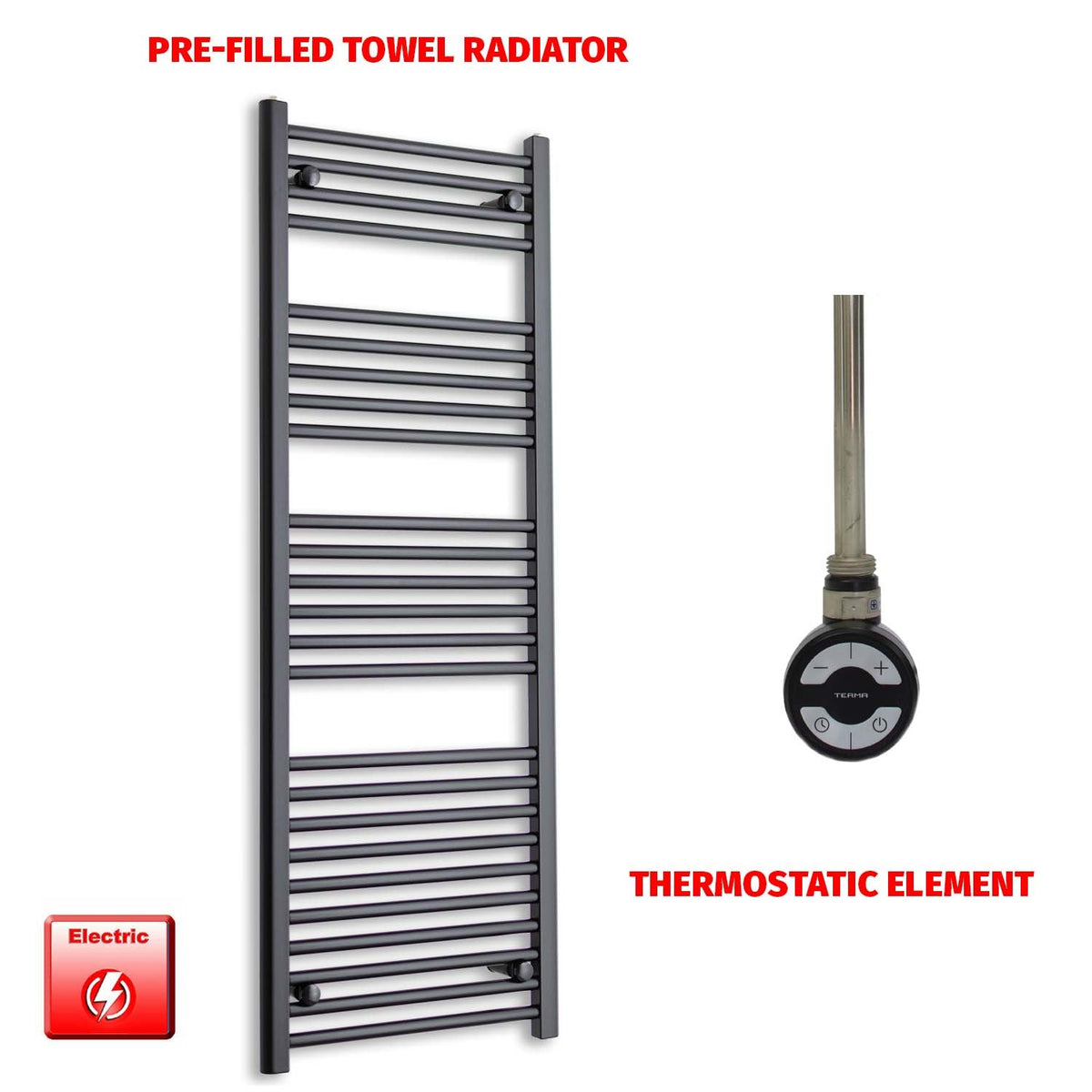 1400 x 550mm Wide Flat Black Pre-Filled Electric Heated Towel Radiator HTR MOA Thermostatic No Timer
