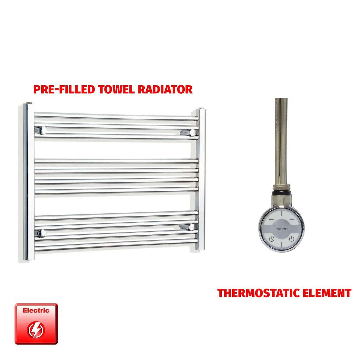 600 x 900 Pre-Filled Electric Heated Towel Radiator Straight Chrome MOA Thermostatic element no timer