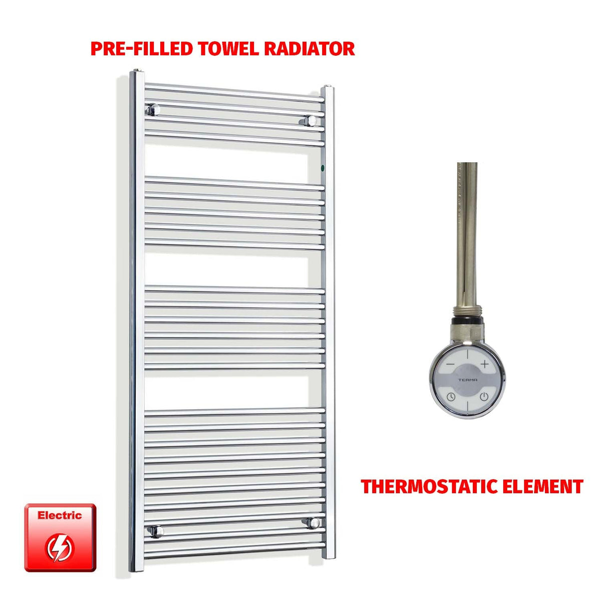 1400mm High 550mm Wide Pre-Filled Electric Heated Towel Radiator Straight Chrome MOA Thermostatic element no timer