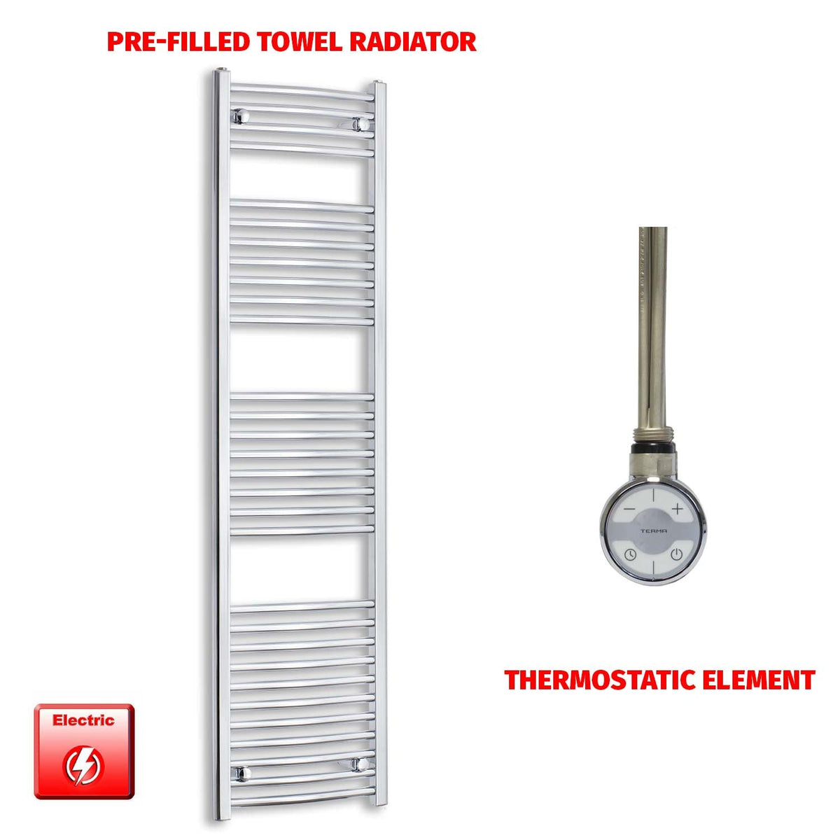 1700 x 450 Pre-Filled Electric Heated Towel Radiator Straight or Curved Chrome MOA Thermostatic element no timer