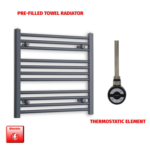 600mm High 500mm Wide Flat Anthracite Pre-Filled Electric Heated Towel Rail Radiator HTR MOA Thermostatic element no timer