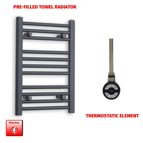 600mm High 400mm Wide Flat Anthracite Pre-Filled Electric Heated Towel Rail Radiator HTR MOA Thermostatic element no timer