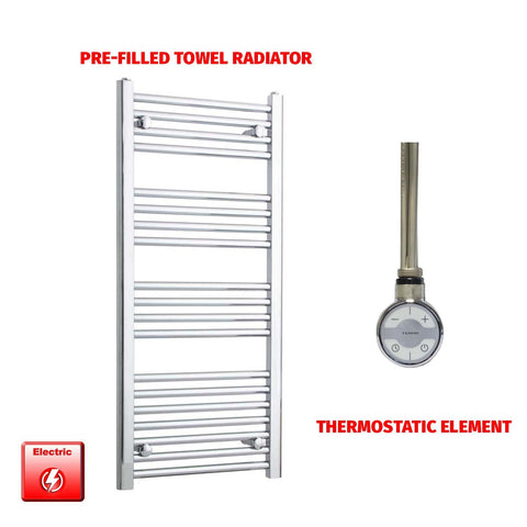 1000mm High 450mm Wide Pre-Filled Electric Heated Towel Radiator Straight Chrome MOA Thermostatic element no timer