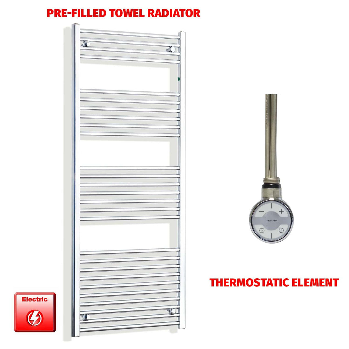 1600mm High 550mm Wide Electric Heated Towel Radiator Straight Chrome MOA Thermostatic element no timer
