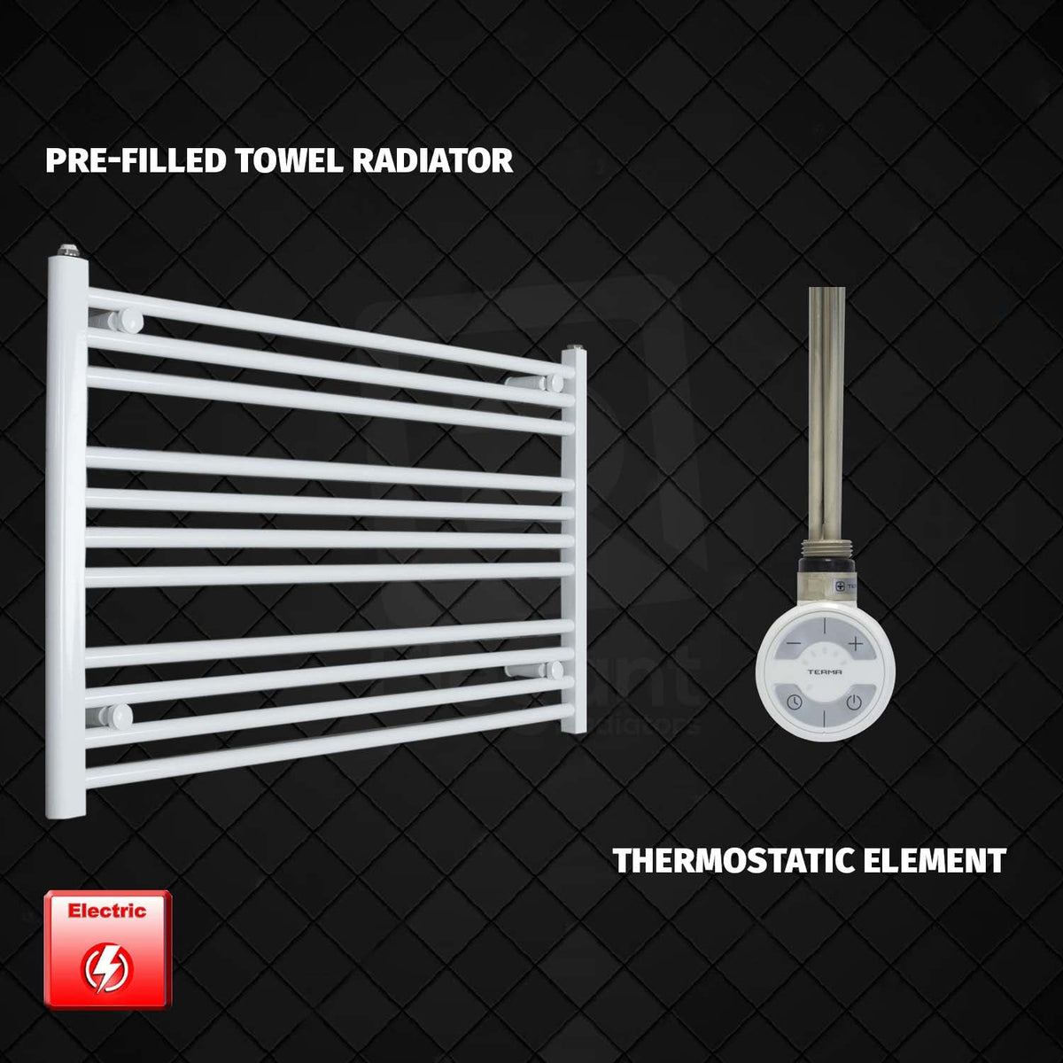 600 mm High 1100 mm Wide Pre-Filled Electric Heated Towel Rail Radiator White HTR MOA Thermostatic element no timer