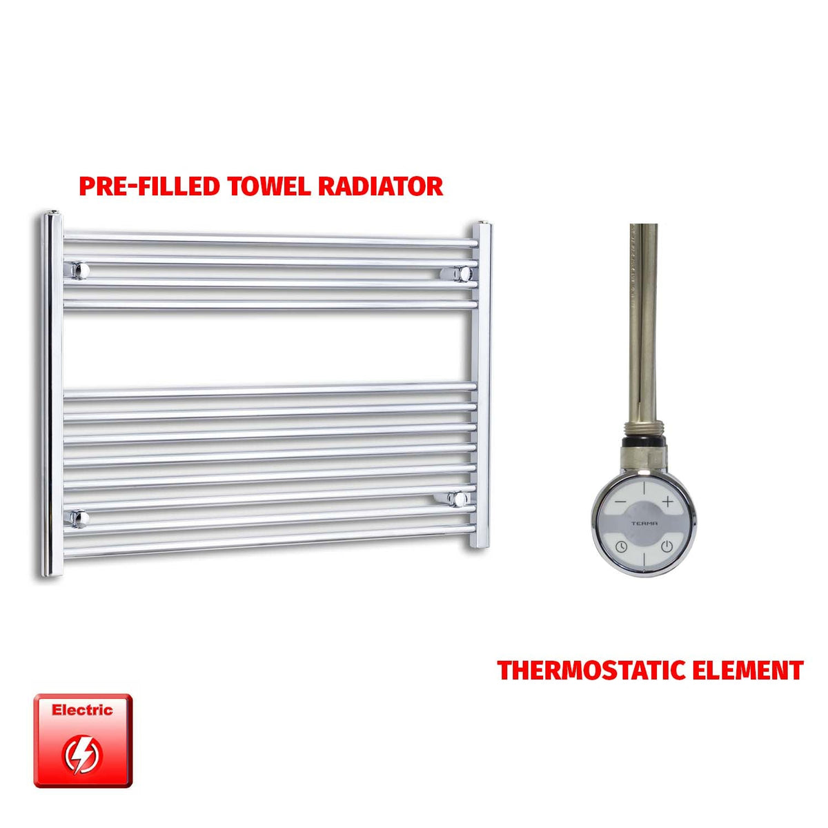 700 x 1000 Pre-Filled Electric Heated Towel Radiator Straight Chrome MOA Thermostatic element no timer