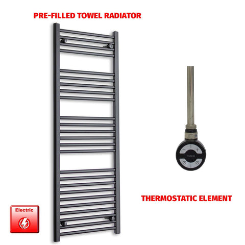 1400mm High 600mm Wide Flat Black Pre-Filled Electric Heated Towel Rail Radiator HTR MOA Thermostatic