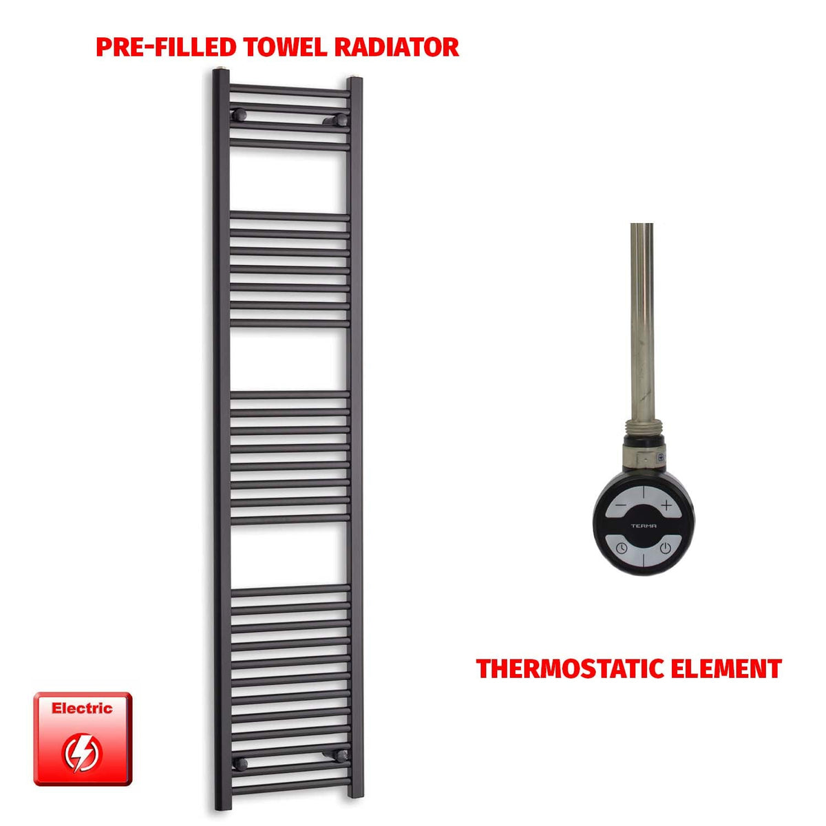 1800 x 400 Flat Black Pre-Filled Electric Heated Towel Rail Radiator HTR MOA Thermostatic