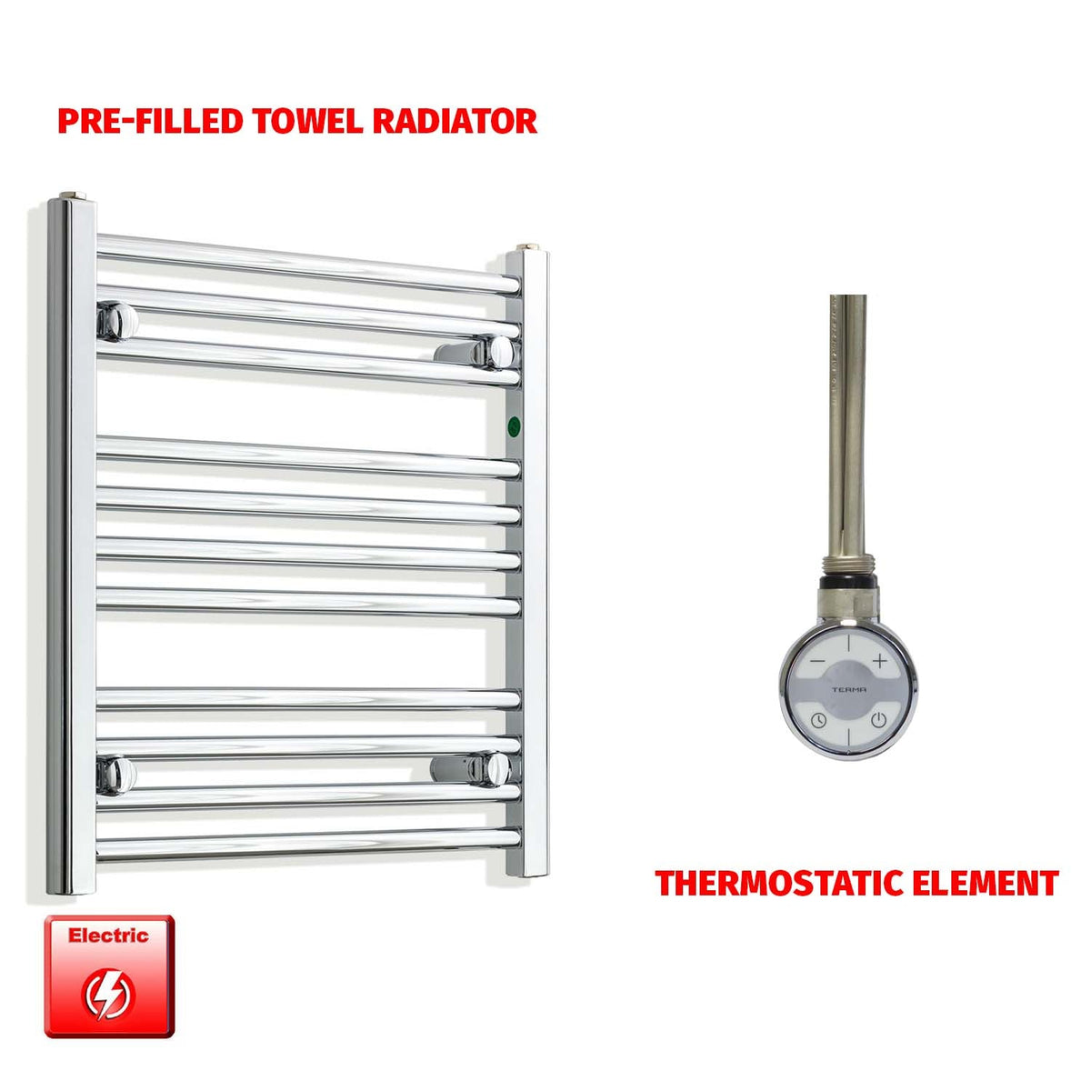 600mm High 550mm Wide Pre-Filled Electric Heated Towel Radiator Chrome HTR MOA Thermostatic element no timer