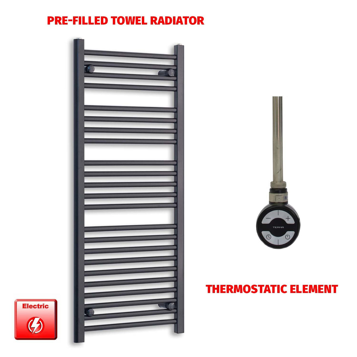 1200 x 550mm Wide Flat Black Pre-Filled Electric Heated Towel Radiator HTR MOA Thermostatic No Timer