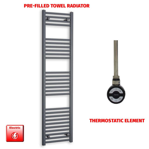 1600mm High 400mm Wide Flat Anthracite Pre-Filled Electric Heated Towel Radiator HTR MOA Thermostatic element no timer