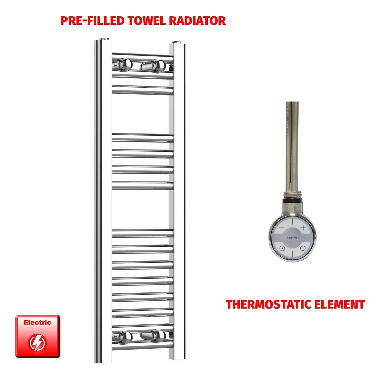 800 x 250 Pre-Filled Electric Heated Towel Radiator Straight Chrome MOA Element No Timer