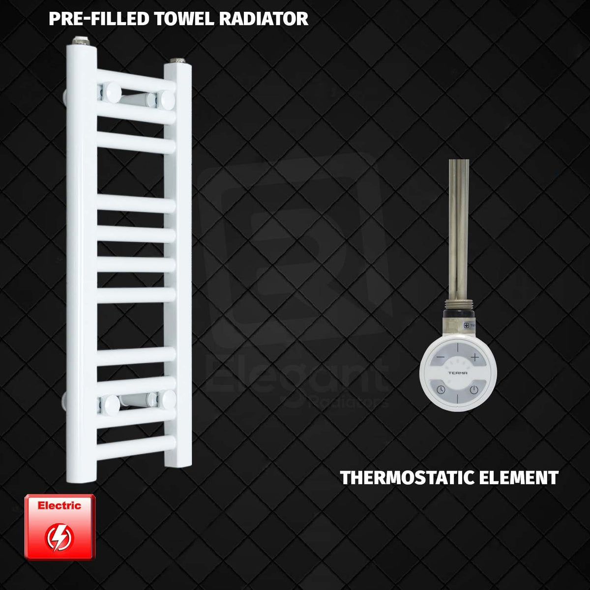 600 x 200 Pre-Filled Electric Heated Towel Radiator White HTR MOA Thermostatic Element No Timer