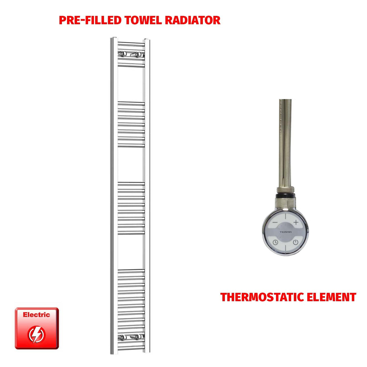 1800 x 250 Pre-Filled Electric Heated Towel Radiator Straight Chrome MOA Element No timer