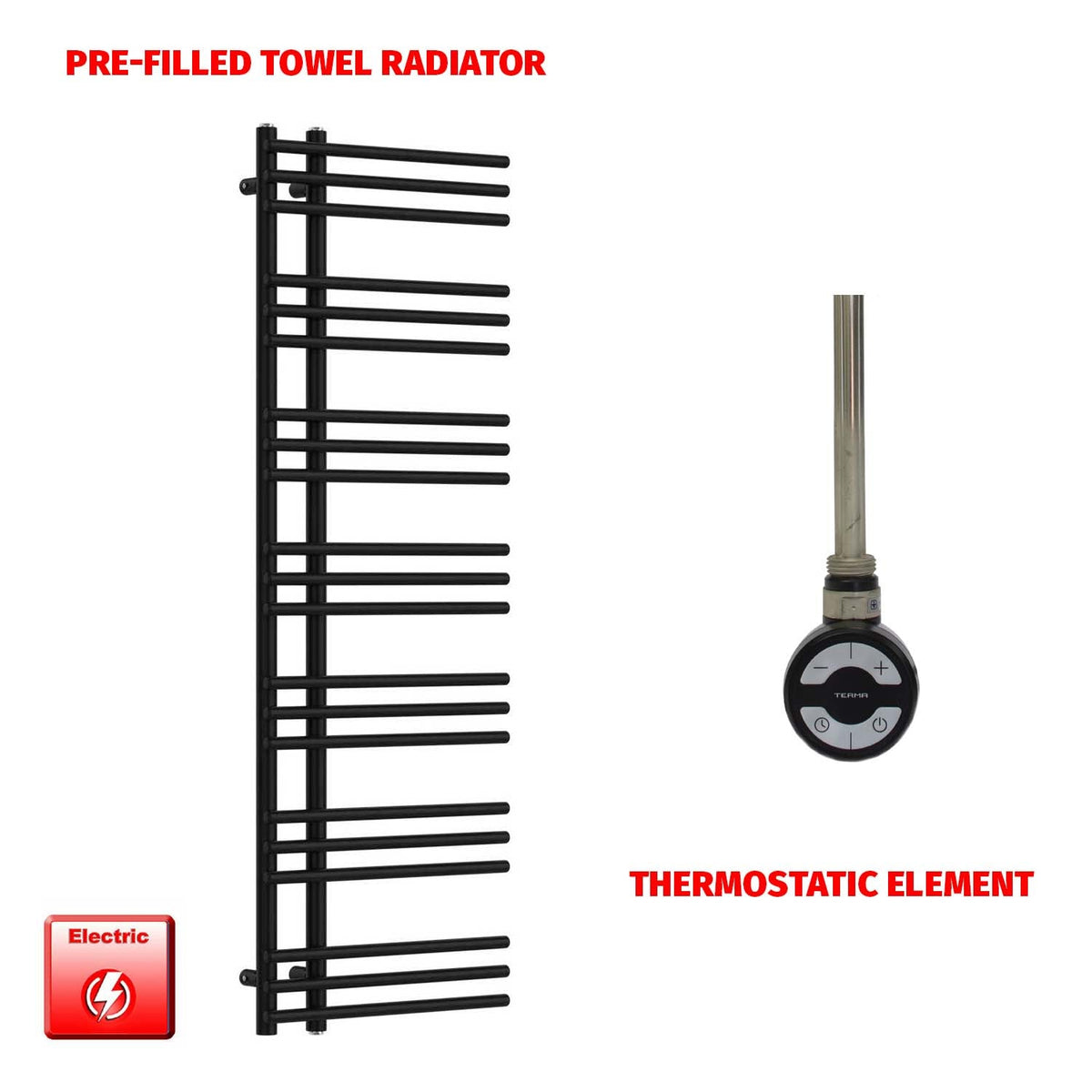1500 mm High x 500 mm Wide Difta Pre-Filled Electric Heated Towel Radiator Flat Black MEG Thermostatic Element MOA Thermostatic Element No Timer