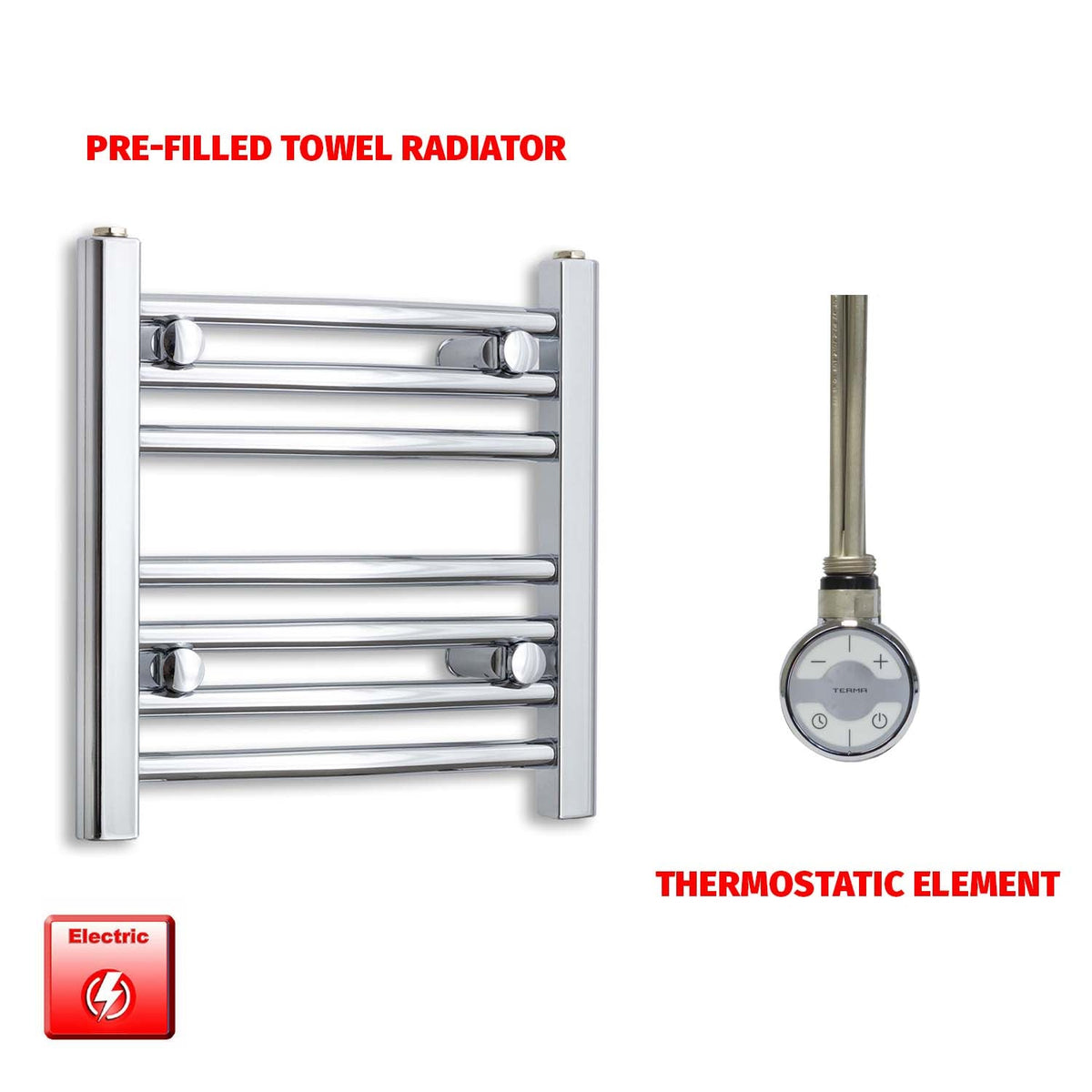 400 x 500mm Pre-Filled Electric Heated Towel Radiator Straight or Curved Chrome MOA Thermostatic element no timer