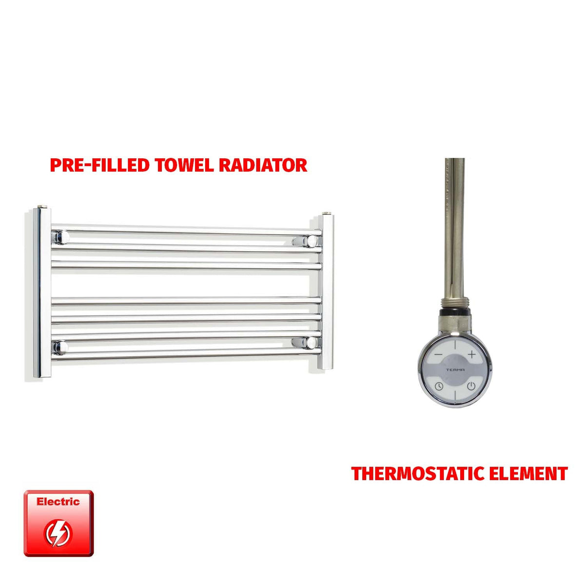 400 x 900 Pre-Filled Electric Heated Towel Radiator Straight Chrome MOA Thermosatic element no timer