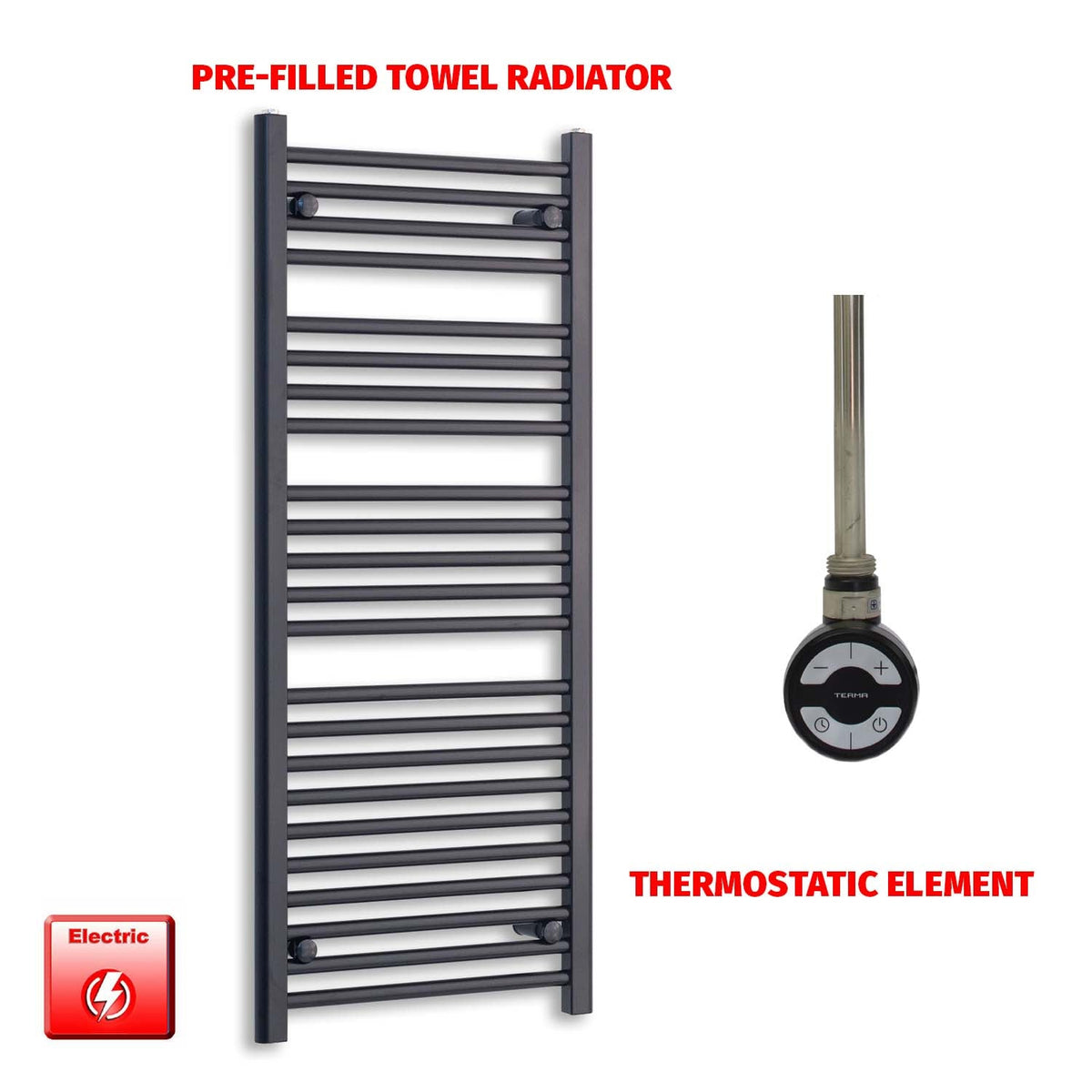 1200 x 600 Flat Black Pre-Filled Electric Heated Towel Radiator HTR moa no timer
