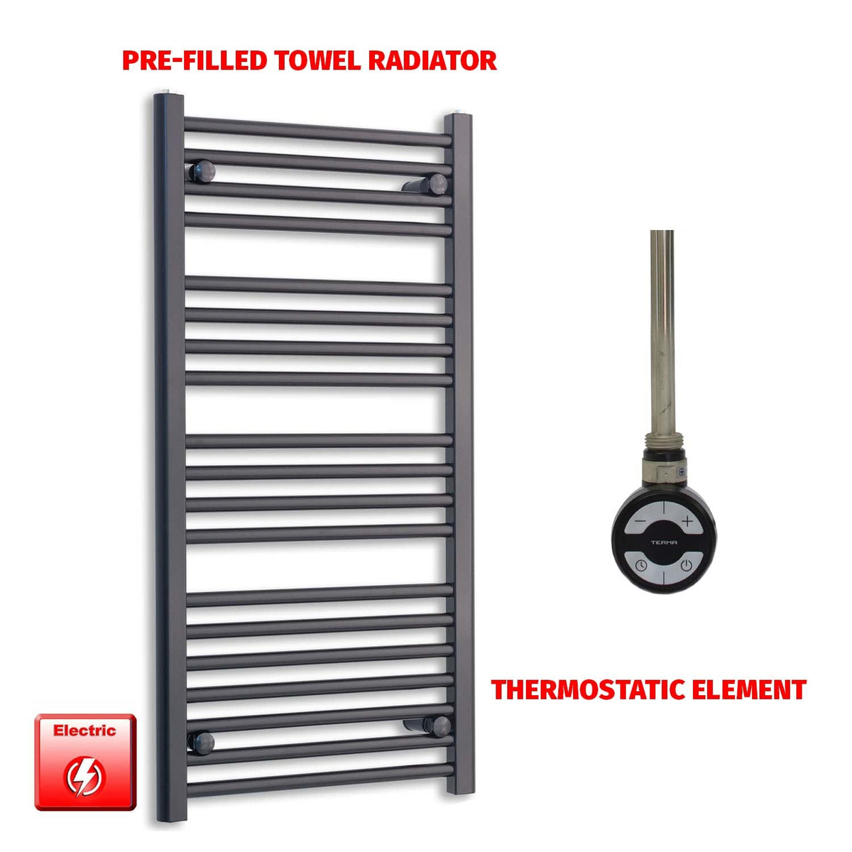 1000mm High 500mm Wide Flat Black Pre-Filled Electric Heated Towel Rail Radiator HTR MOA Thermostatic No Timer