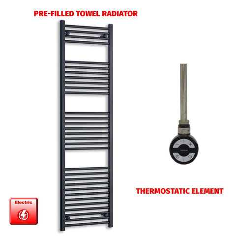 1800mm High 500mm Wide Flat Black Pre-Filled Electric Heated Towel Radiator MOA Thermostatic