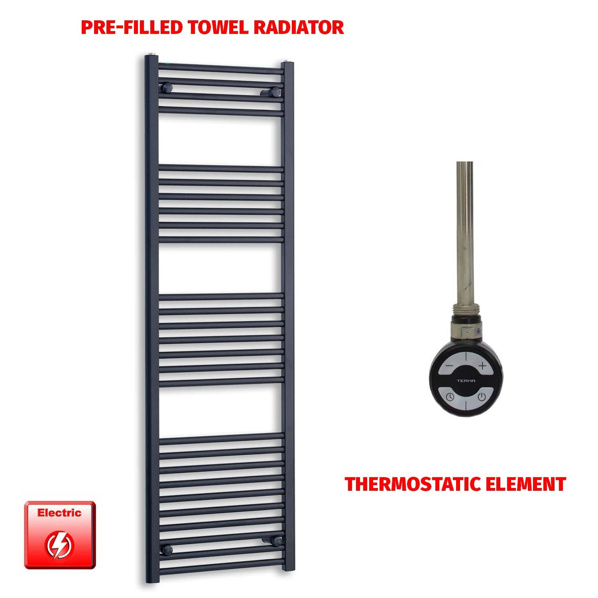 1600 x 550 Wide Flat Black Pre-Filled Electric Heated Towel Radiator HTR MOA Thermostatic No Timer