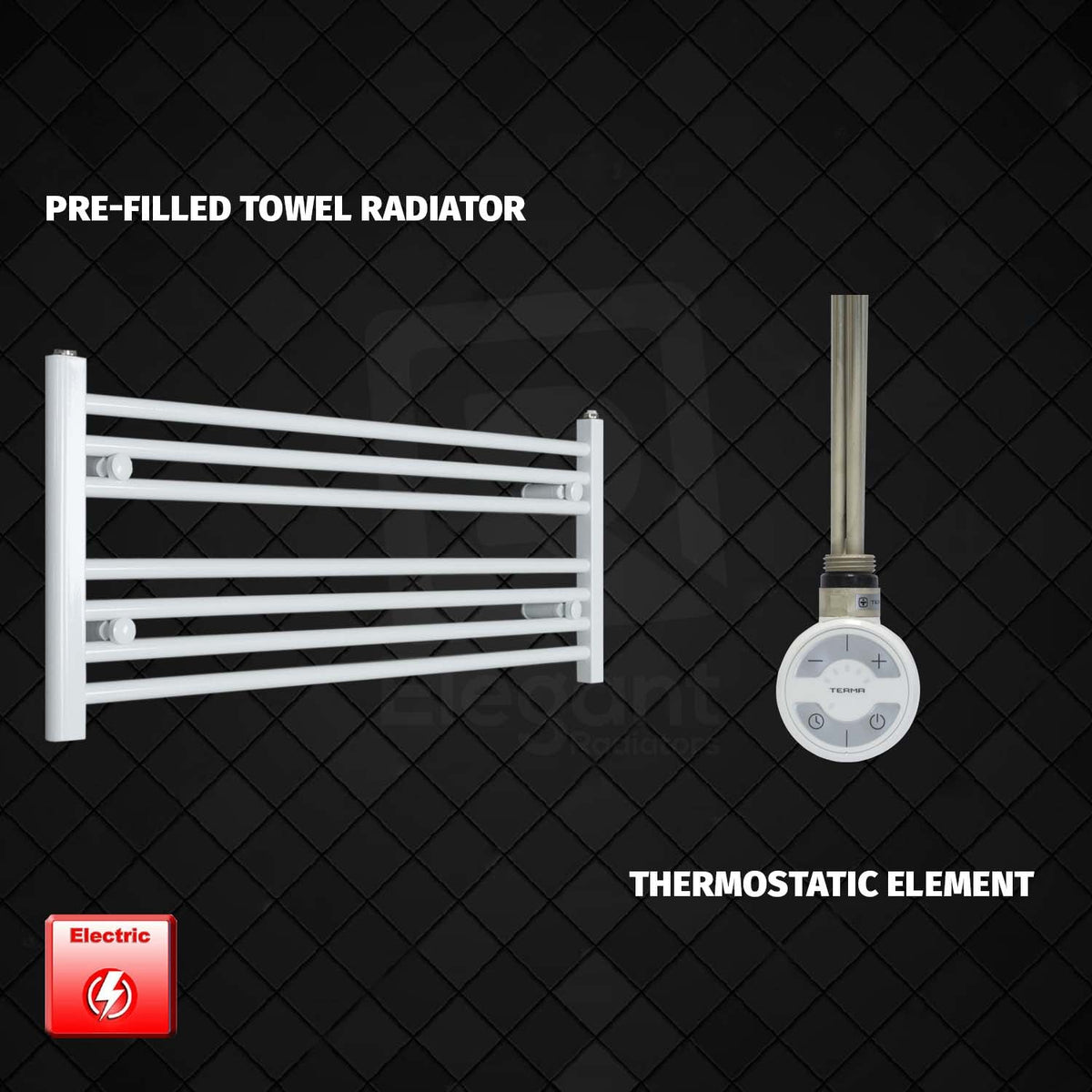 400mm High 1000mm Wide Pre-Filled Electric Heated Towel Radiator White HTR MOA Thermostatic element no timer