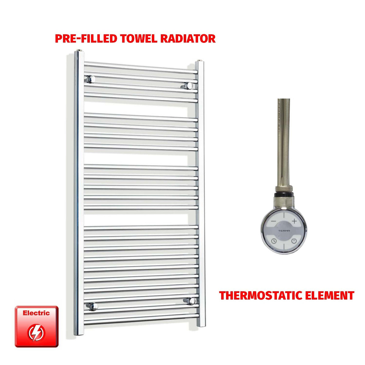 1200mm High 550mm Wide Pre-Filled Electric Heated Towel Radiator Chrome HTR MOA Thermostatic element no timer