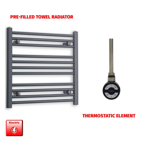 600mm High 600mm Wide Flat Anthracite Pre-Filled Electric Heated Towel Rail Radiator HTR MOA Thermostatic element no timer