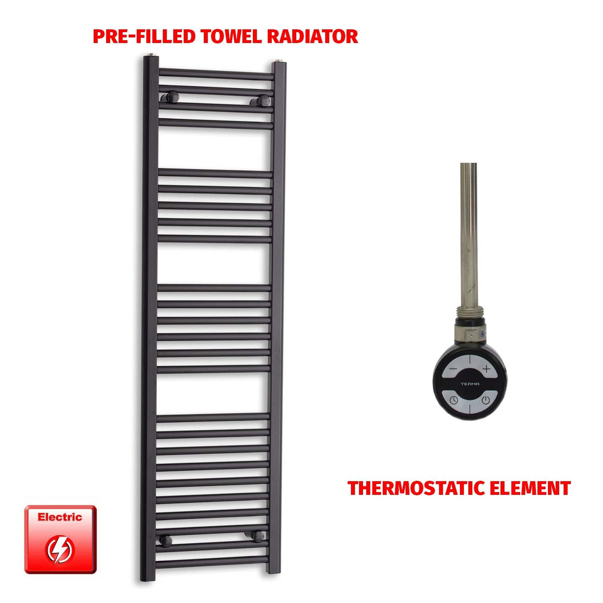 1400 x 450 Flat Black Pre-Filled Electric Heated Towel Radiator HTR MOA Thermostatic