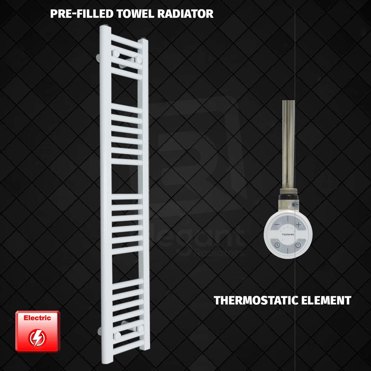 1200 x 250 Pre-Filled Electric Heated Towel Radiator White MOA Thermostatic Element NO Timer