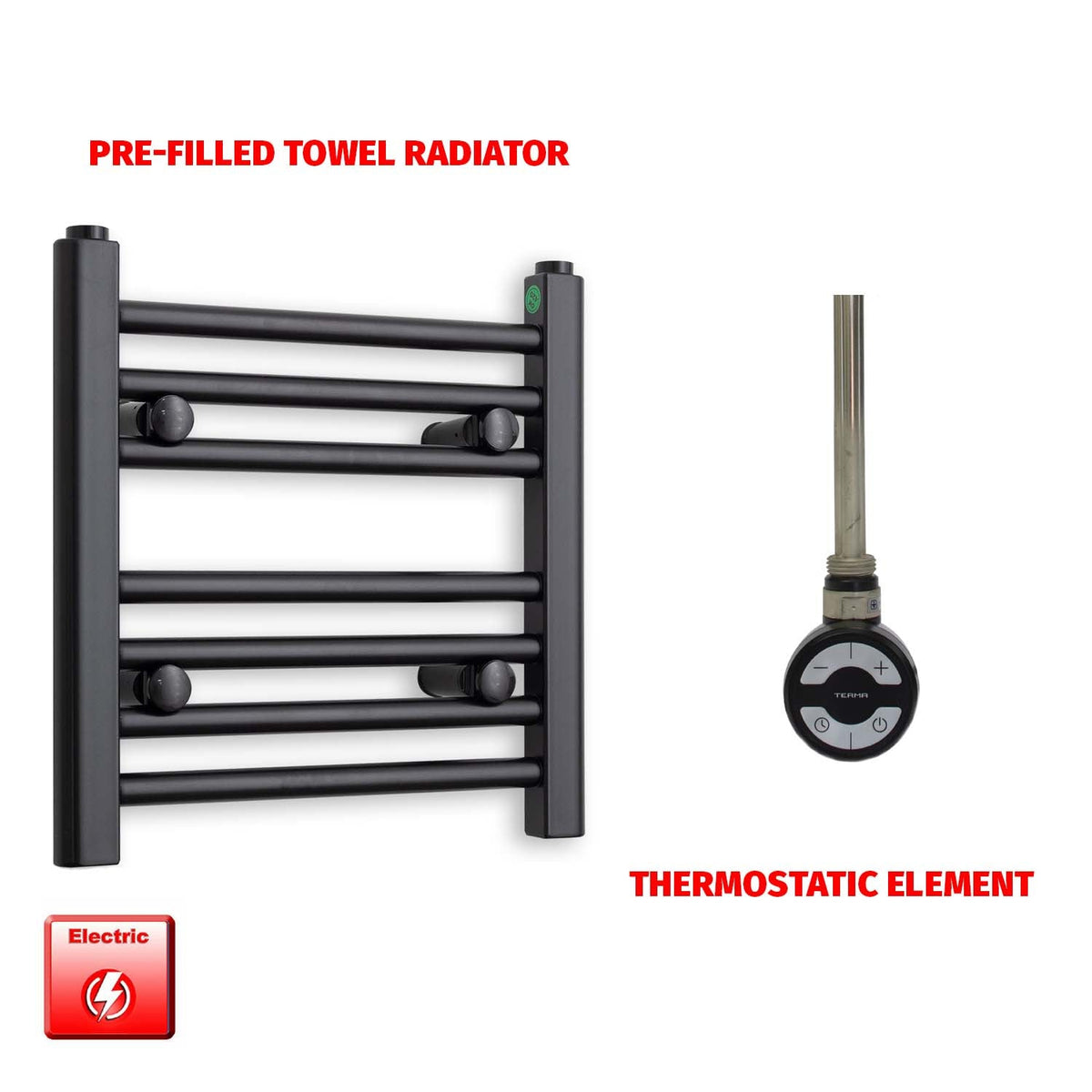 400 x 400 Flat Black Pre-Filled Electric Heated Towel Radiator HTR MOA Thermostatic No Timer